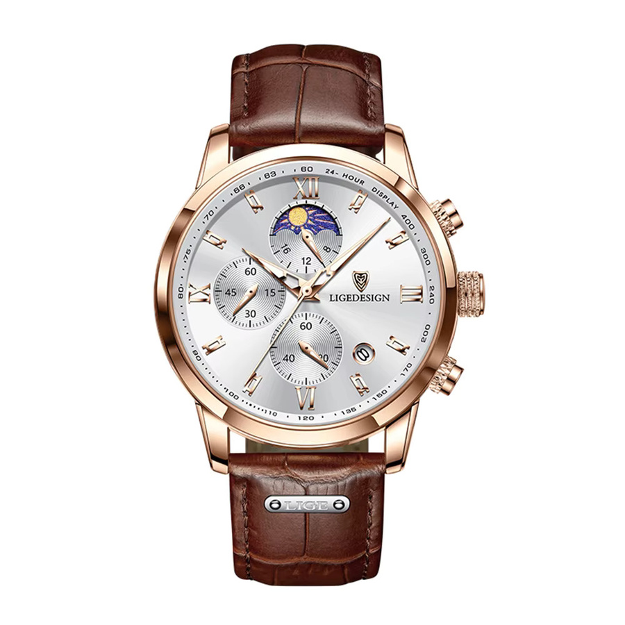 Lige Armbanduhr, Quarzuhr, Leder, Edelstahl, Silber, Weiß, Herren - Bild 7
