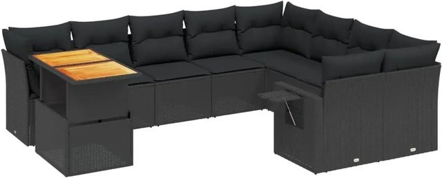 vidaXL 10-tlg. Garten-Sofagarnitur in L-Form aus Polyrattan und Akazienholz mit Kissen, Schwarz - Bild 1