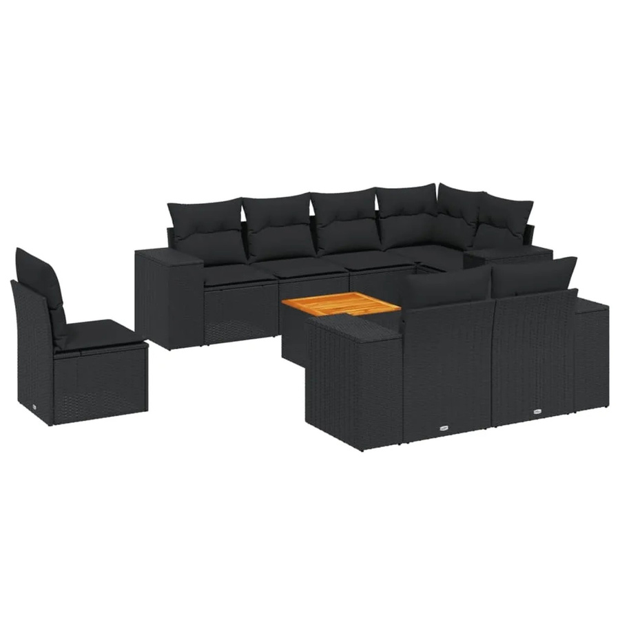 vidaXL 9-teilige Garten-Sofagarnitur aus Poly-Rattan und Akazienholz in Schwarz mit Kissen - Bild 2