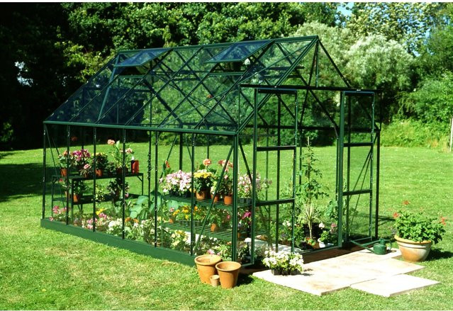 Halls Gewächshaus Magnum Set 128 in Grün mit Fundamentrahmen, Sicherheitsglas und Regenrinnen für deine Pflanzenzucht im Garten - Bild 1