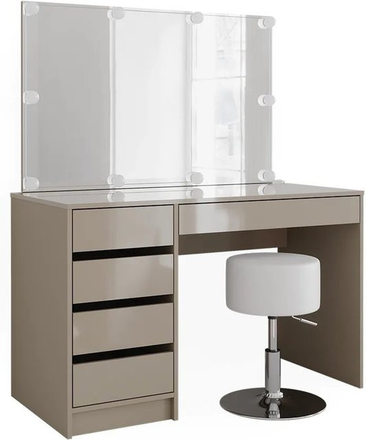Vicco Schminktisch Sherry Greige Hochglanz mit LED-Spiegel, Hocker und 5 Schubladen, B: 120 cm, T: 75 cm, H: 75 cm - Bild 2
