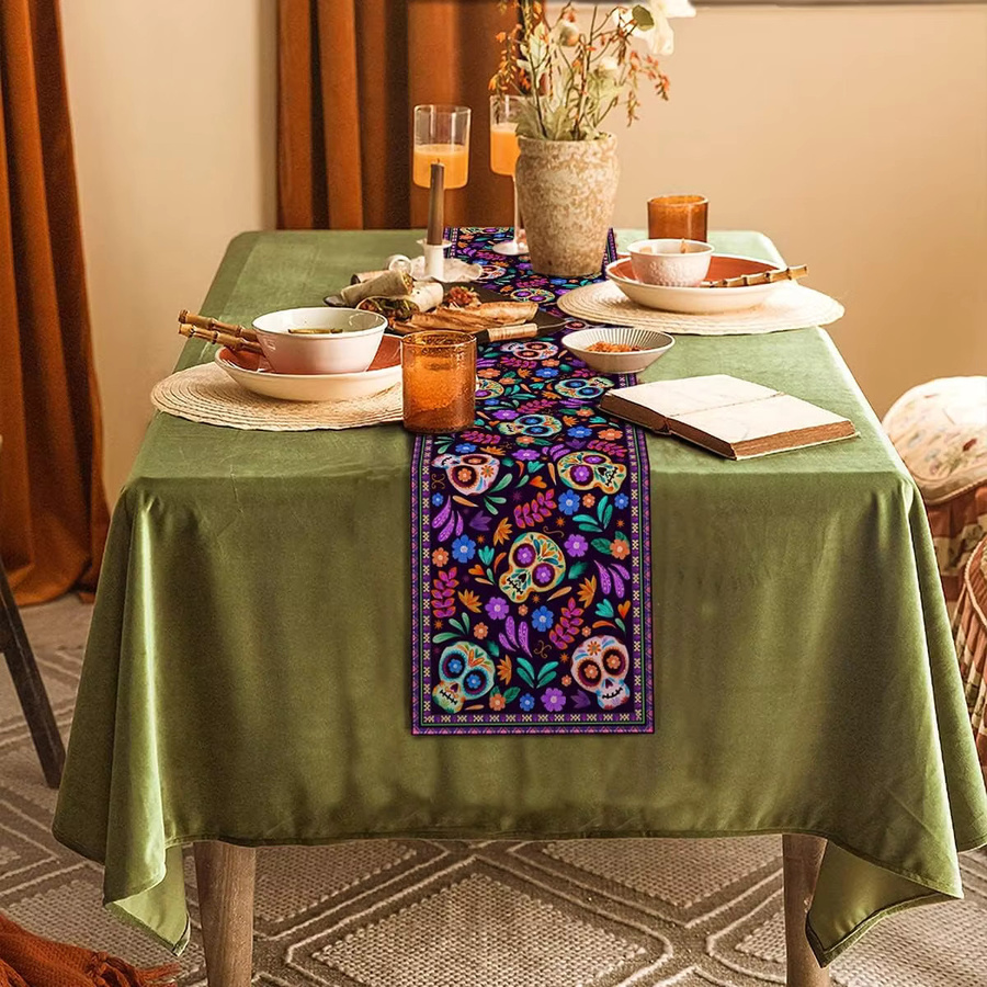VIKAMA Tischläufer aus Leinen mit floralem Design für den Tag der Toten, Mehrfarbig, B/H: 183 x 33 cm - Bild 3