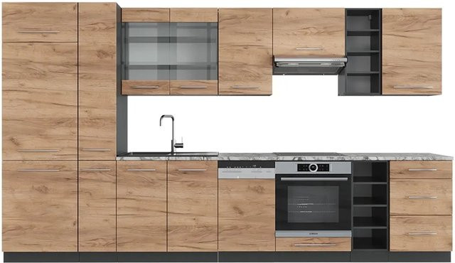 Vicco Fame-Line Küchenzeile Goldkraft Eiche Anthrazit B: 355 cm mit Marmor-Optik und Soft-Close-Türen - Bild 1