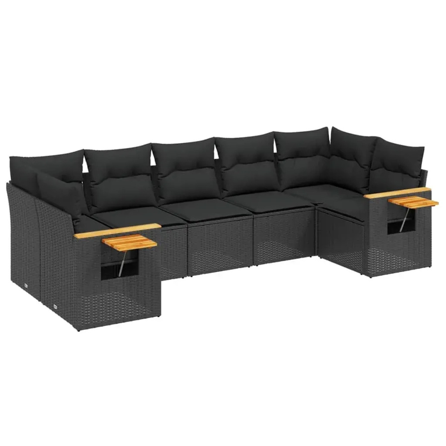 vidaXL 7-tlg Garten-Sofagarnitur in L-Form aus Poly-Rattan und Akazienholz mit Kissen, Schwarz - Bild 2