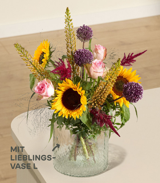 Blume2000 Sonnenschein mit Lieblingsvase Bouquet Sonnenblumen Rosen Multicolor Größe L - Bild 1