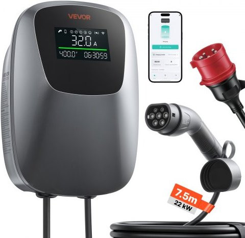VEVOR Wallbox Wandladestation 22 kW Dreiphasig CEE 32A Typ 2 in Grau mit App-Steuerung und Digitalanzeige IP65 - Bild 1