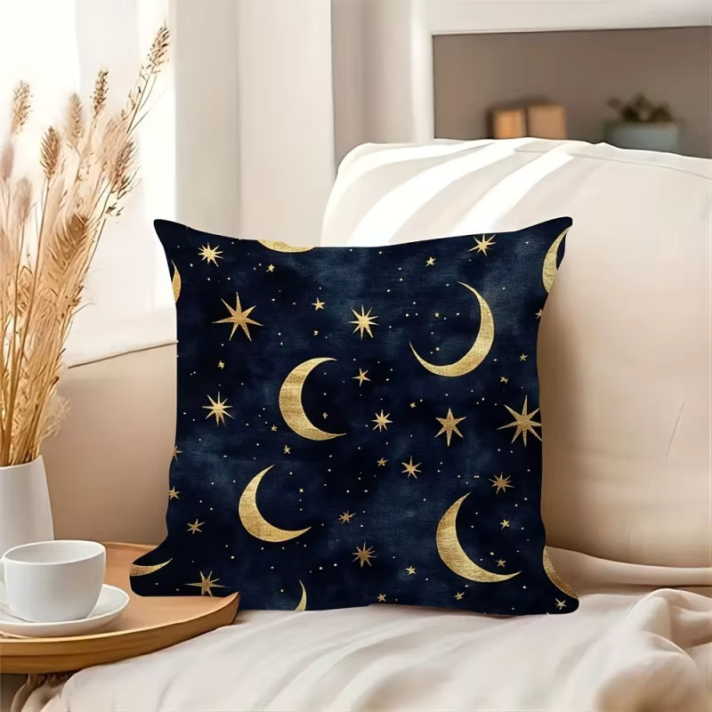 VIKAMA Dekokissen mit goldenem Halbmond- und Stern-Design in Blau und Gold, quadratisch, 45 x 45 cm - Bild 5