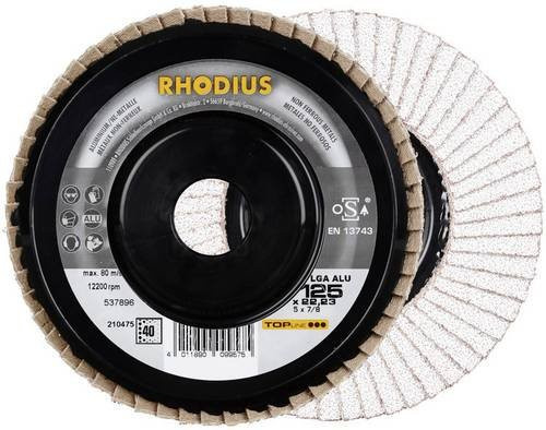 Rhodius LGA ALU Fächerschleifscheibe für NE-Metalle, Durchmesser: 125 mm, Bohrungs-Ø: 22,23 mm, Körnung: 40, Mehrfarbig - Bild 1