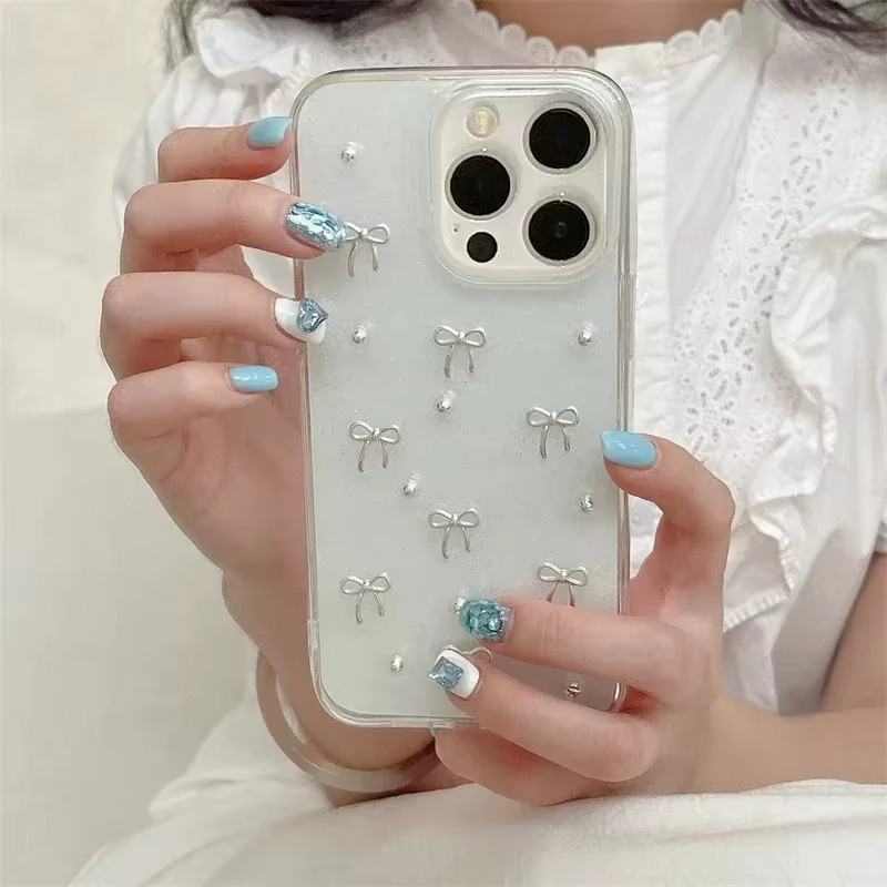 Silberne 3D Schleife Handyhülle mit Glitter und Epoxy für iPhone 11 bis iPhone 17 Pro Max, Transparent - Bild 3