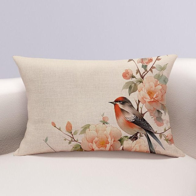 WTEMPO Rechteckiges Kissen mit Blumen- und Vogelmotiven aus Baumwolle und Hanf, Beige, B/H: 60 x 40 cm - Bild 1