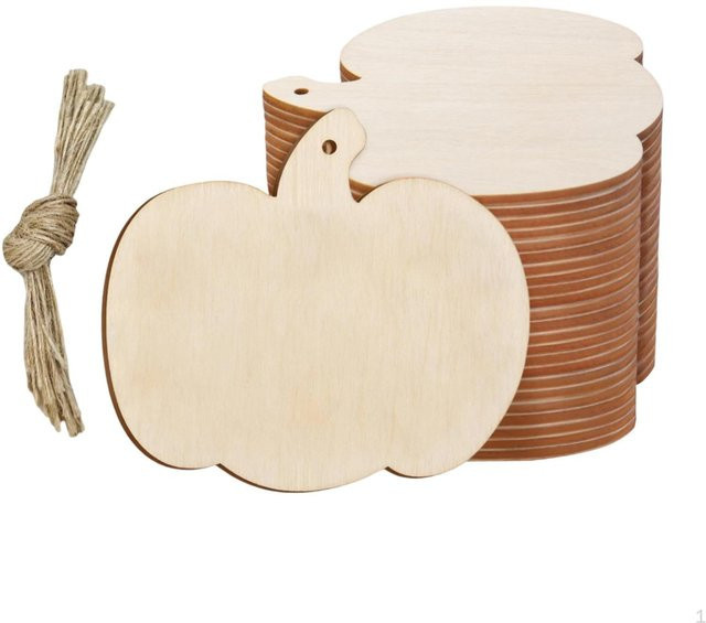 24 Stück Holz-Kürbis-Ausschnitte in Beige als DIY Basteldekoration für Halloween zum Aufhängen von HomeDecor Mall - Bild 1