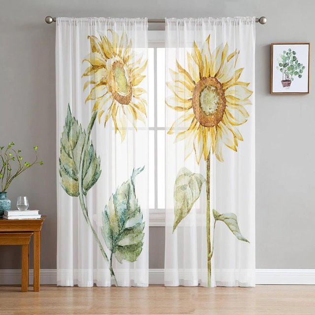 Transparenter Tüll-Vorhang mit Sonnenblumen-Aquarell-Design von A Family Of Home Textiles in Weiß, Breite: 135 cm, Höhe: 244 cm - Bild 1