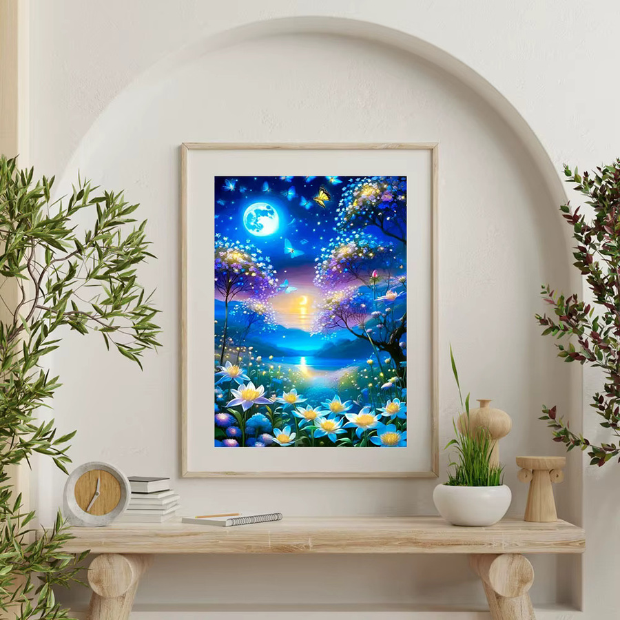 Huacan Diamantgemälde Landschaft mit Mond, Fluss und Blumen in Mehrfarbig, B/H: 30 x 20 cm - Bild 3
