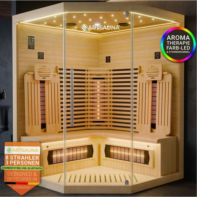 ARTSAUNA Infrarotkabine Malmö140 Natur aus Hemlock Holz mit Vollspektrumstrahlern, Dimmer und LED-Farblichttherapie für 3 Personen, B/T/H: 140 x 140 x 190 cm - Bild 1