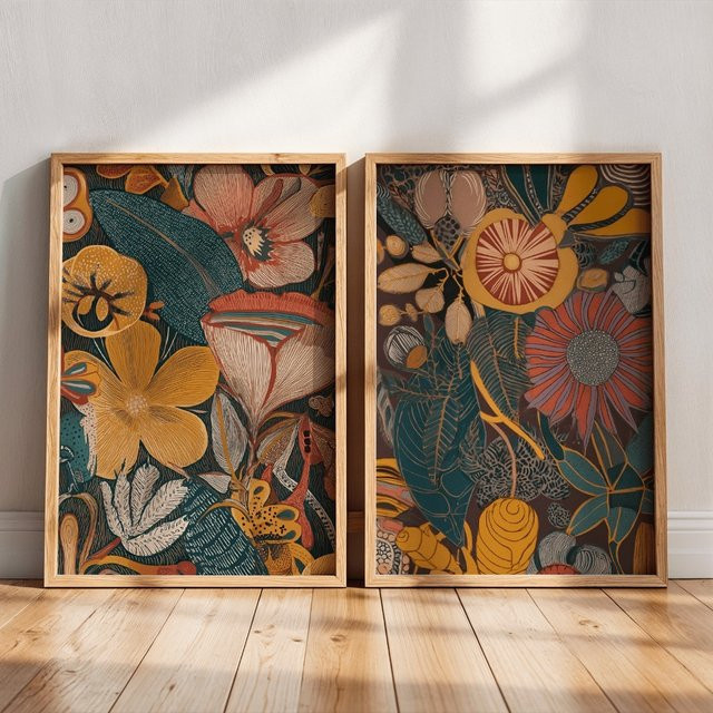 2er-Set rahmenlose Leinwandgemälde von HALFLEMART mit orangefarbenem Sonnenblumenstrauß im Bohemian-Stil, florale Wanddekoration in Multicolour - Bild 1