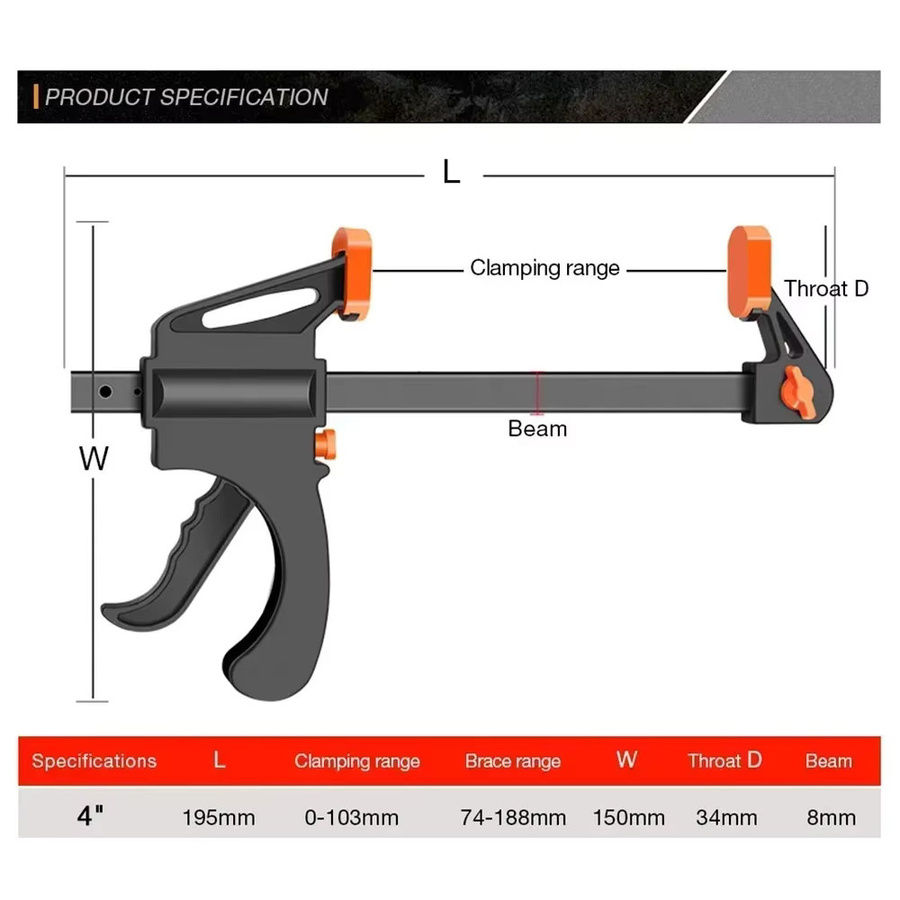 STONEGO F-Clip Schnellspanner aus Nylon für Holzbearbeitung und Metallbefestigung, Breite: 10,2 cm - Bild 6
