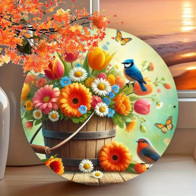 Rustikales Blumenkranz-Wandschild von Potdemiel aus Metall mit bunten Blumen und Vögeln, rundes Wandkunstwerk für dein Zuhause, Durchmesser: 20 cm - Bild 1
