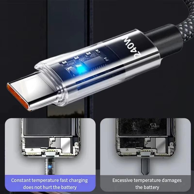 NNBILI 240W Schnelllade-Datenkabel aus Nylon mit LED-Leuchten, USB-A auf USB-C und USB-C auf USB-C, Schwarz - Bild 5