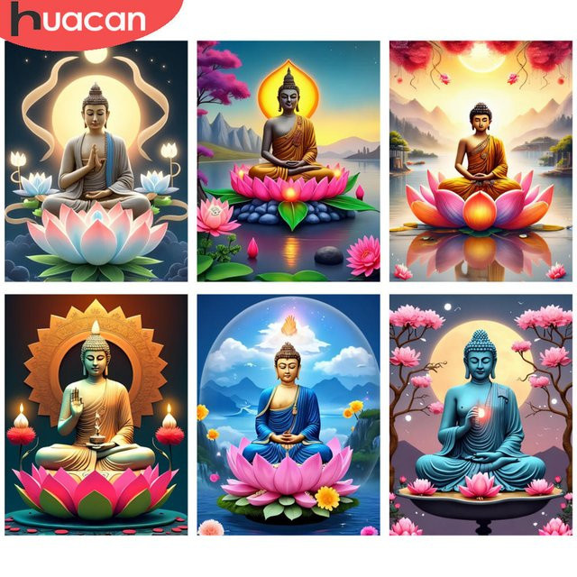 HUACAN Diamantmalerei Set Buddha mit meditativer Lotusblüte, 5D DIY Kunst Strass Stickerei Kit, Multicolour, B: 30,0 cm, H: 20,0 cm - Bild 1