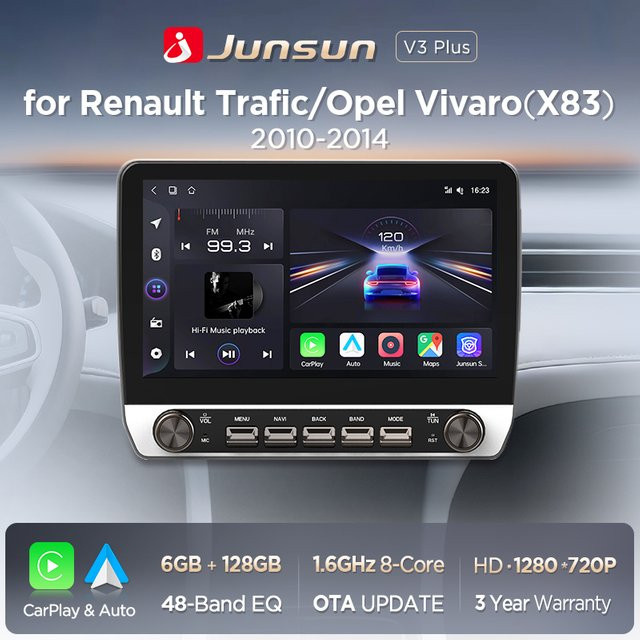 Junsun Autoradio mit 10,1 Zoll IPS-Touchscreen für Renault Trafic und Opel Vivaro X83, Schwarz, mit kabellosem CarPlay, Android Auto, GPS und WLAN - Bild 1