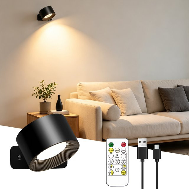 Kabellose magnetische LED-Wandleuchte in Schwarz mit Fernbedienung, dimmbar und wiederaufladbar, inklusive Timer-Funktion und 360 Grad Drehung für Schlafzimmer und Treppen - Bild 1
