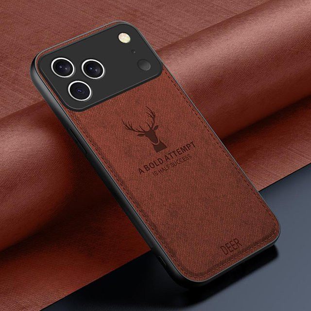 Stoßfeste iPhone Hülle mit Hirschkopf Muster aus Stoff und Leder in Braun für iPhone 17 Pro Max bis iPhone 7 Plus - Bild 1