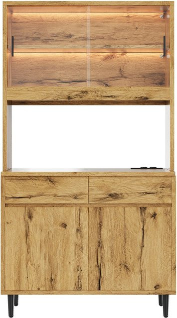 Merax Buffetschrank Eiche mit LED-Beleuchtung und USB-Steckdose, B/T/H: 100 x 40 x 185 cm - Bild 1