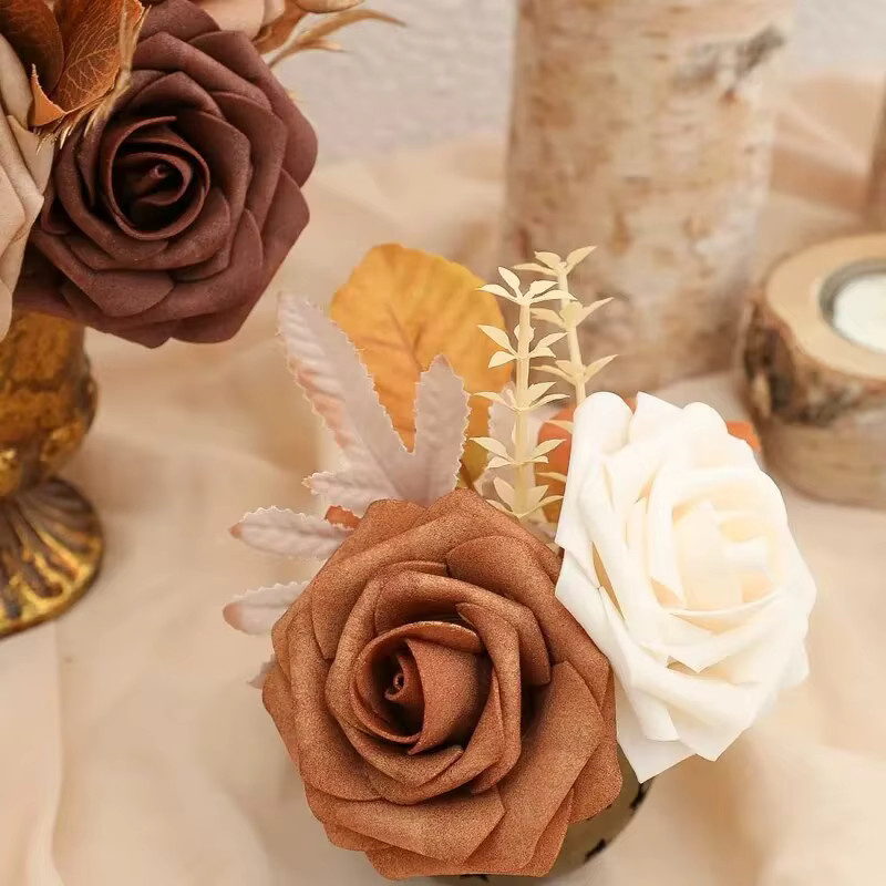 25 Stück Künstliche Rosen in Orange Ombre, Echt aussehende Schaumstoff-Blumen mit Stielen für Hochzeitsdekorationen - Bild 1