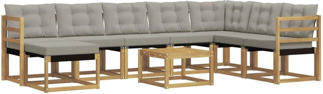 vidaXL Outdoor-Sofagarnitur 9-teilig aus Akazienholz mit Textilene und Kissen in Weiß-Hellgrau - Bild 1