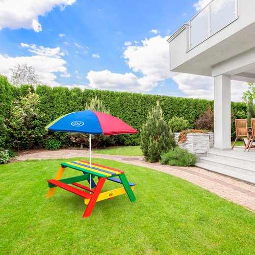 AXI Nick Kinderpicknicktisch Regenbogen mit Sonnenschirm aus Hemlockholz, blau, B/T/H: 95 x 98 x 49 cm - Bild 2