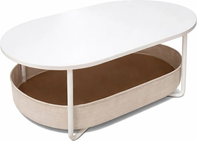 Relaxdays Couchtisch in Weiß-Beige mit modernem Design, Stauraum und ovaler Form aus MDF und Metall, B/T/H: 100 x 55 x 45 cm - Bild 1