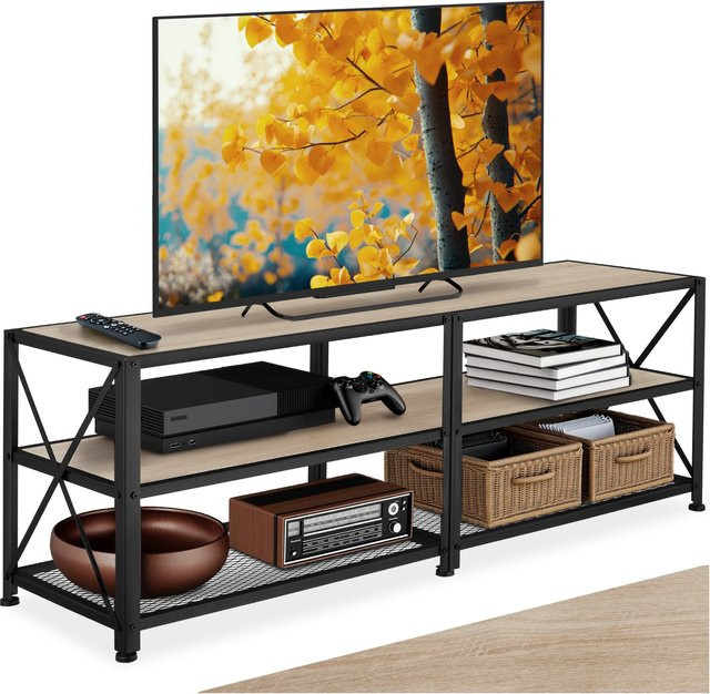 tectake TV-Regal Chicago im Industrial Style aus Holz und Stahl, Farbe Eiche Sonoma und Schwarz, B/T/H: 141 x 41,5 x 50,5 cm - Bild 1