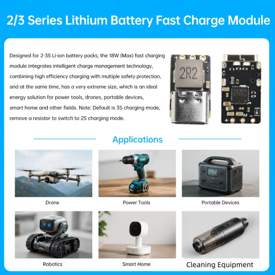 Gaqqee Lithium-Batterie-Lademodul mit Schnellladefunktion und Spannungsanzeige, 2S/3S BMS, Typ-C, Schwarz - Bild 2