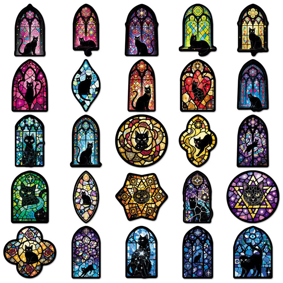 50 Stück Buntglas- und schwarze Katzenaufkleber im Cartoon-Stil von LanLanStickersWorld, Multicolor - Bild 3