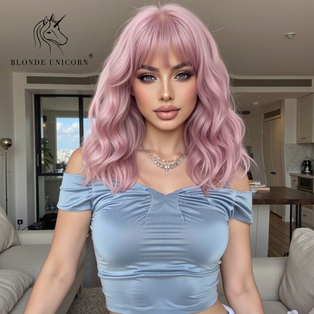 Blonde Unicorn Perücke, Rosa, kurz gewellt, mit Pony, Damen - Bild 1