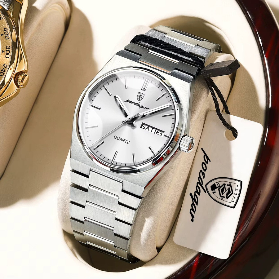 POEDAGAR Armbanduhr Edelstahl, Quarz, Silber, Damen, Datum, Wochentag - Bild 2