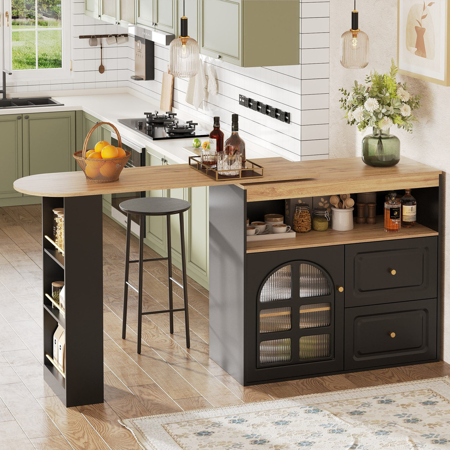 Moderner 360 Grad drehbarer Sideboardschrank FC in Schwarz mit 2 Schubladen, Snackregal und Bogenglas, B/T/H: 138-204 x 39 x 104 cm - Bild 2