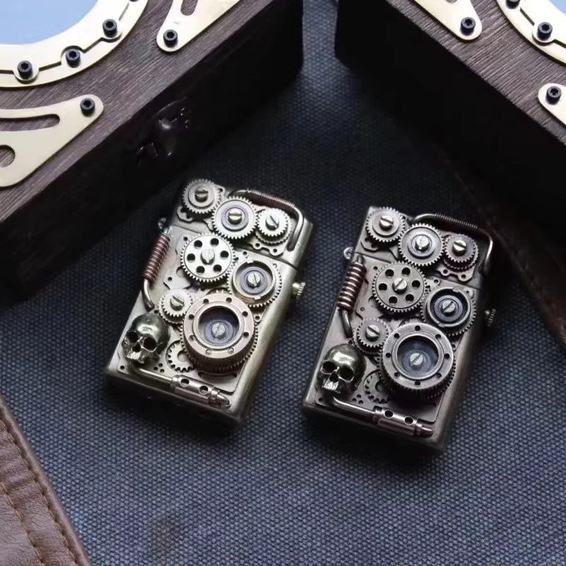 ZORRO Steampunk Ölfeuerzeug Nr. 1 in Gold, mechanisches Retro-Design mit Getriebegestänge und handgefertigter Schweißtechnik - Bild 4