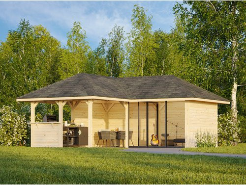 PALMAKO Pavillon Bianca Set 209 Slide aus Fichtenholz in Braun mit Alu-Schiebetüren und Eck-Tresenanlage, B/T/H: 588 x 588 x 319 cm - Bild 1