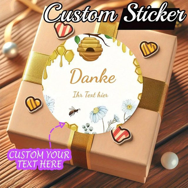 Personalisierte runde Dankesaufkleber mit Bienenstock-Design, Honigtropfen und weißen Gänseblümchen auf Premium-Papier, Farbe: Weiß - Bild 1