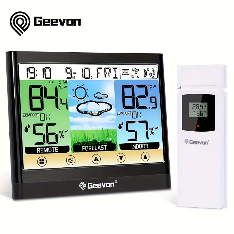 Geevon Wetterstation in Schwarz: Kabelloses Innen- und Außenthermometer mit Hygrometer, Touch-LCD-Display und Wecker - Bild 6