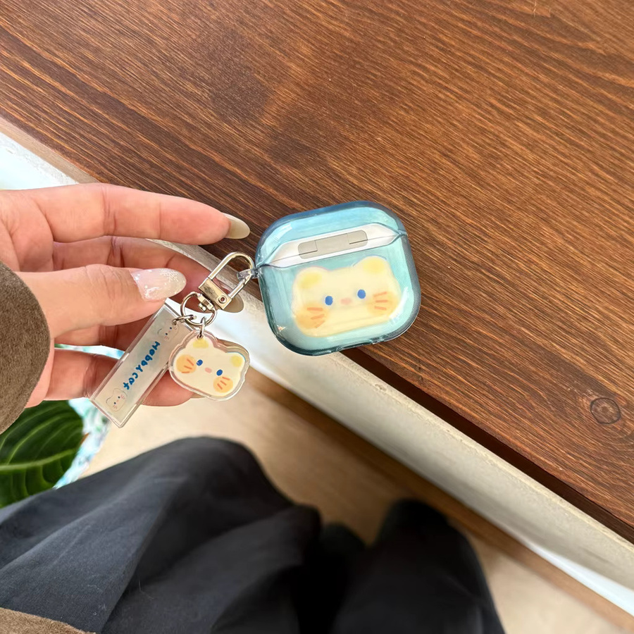 Transparente AirPods Hülle mit süßem Cartoon Katze Design in Blau inklusive Anhänger für Apple AirPods 1, 2, 3, 4 und Pro 2 - Bild 2