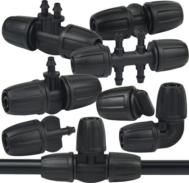 KESLA Bewässerungsrohrfitting Set in Schwarz mit T-Stück, geradem Winkelanschluss, Endstopfen und Ventil für 8/11 auf 4/7 mm - Bild 1