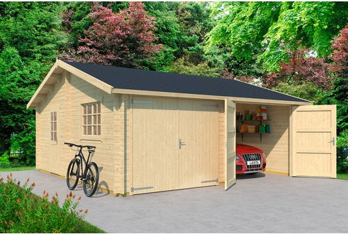 Lasita Maja Doppel-Blockgarage Falkland aus Holz in Braun mit Holztor, B/T: 628,6 x 635 cm - Bild 1