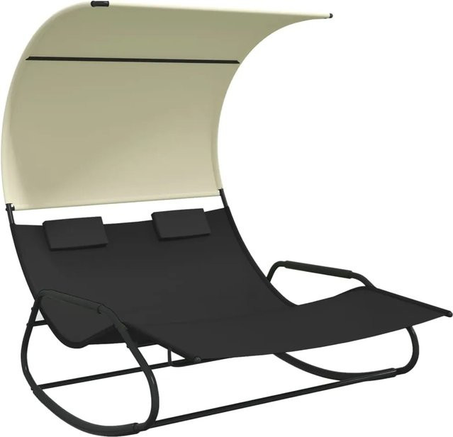 Furnicato Doppel-Schaukelliege mit Sonnendach in Schwarz und Creme aus Textilene und pulverbeschichtetem Stahl, B/T/H: 182,5 x 175,5 x 137,5 cm - Bild 1