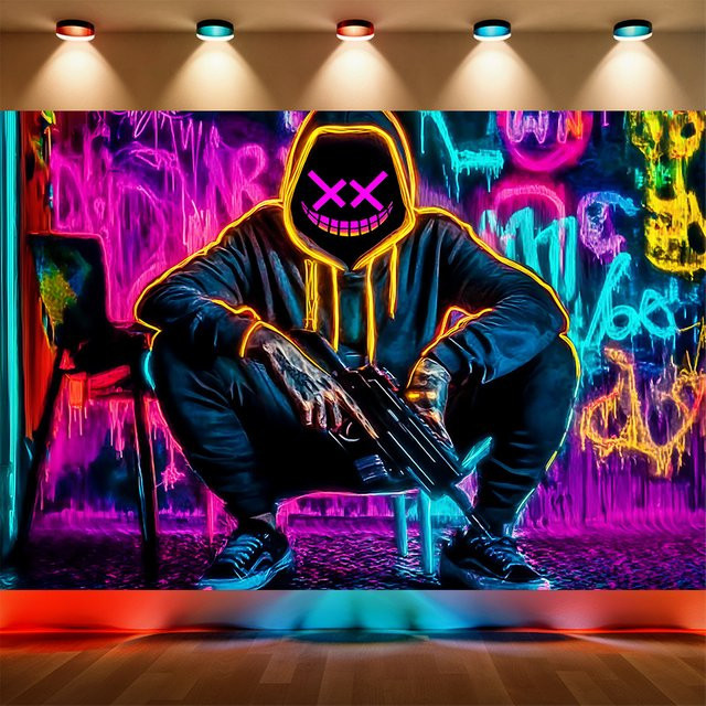 VIKAMA Wandteppich Neon Graffiti Smiley im Street Style, Mehrfarbig, B/H: 75 x 58 cm - Bild 1