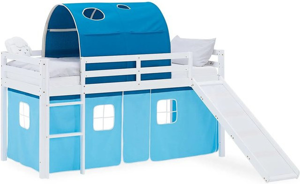 Homestyle4u Kinder Hochbett aus massivem Kiefernholz mit Rutsche, Vorhang und Tunnel in Blau und Weiß, B/T/H: 207,5 x 90 x 217,5 cm