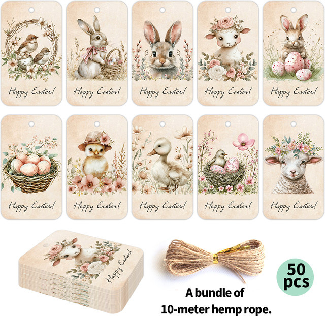 50 Stück Oster-Geschenkanhänger aus Kraftpapier mit Hanfseil und bunten Ostermotiven wie Hasen, Eiern und Küken zur Dekoration von Körben und Blumensträußen - Bild 1