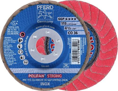 PFERD POLIFAN STRONG Fächerschleifscheibe CO-FREEZE 36 SGP INOX für Edelstahl Durchmesser: 115 mm, Bohrungs-Ø: 22,23 mm - Bild 1