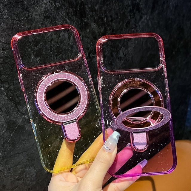 Nische Glitter Bling Gradient Clear Case für iPhone mit Spiegelhalterung und stoßfestem Puffer, Transparent Purple Yellow - Bild 1